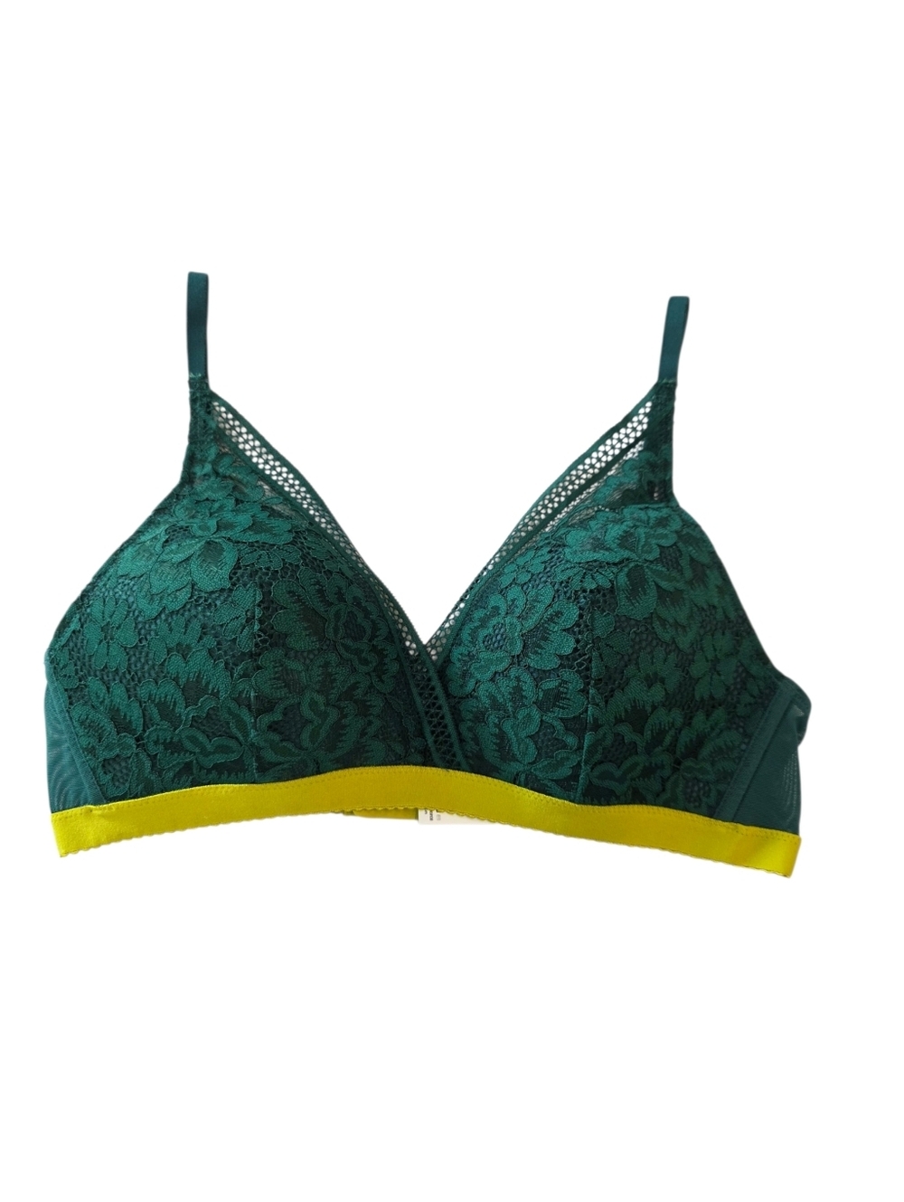 Knix Deep V plunge Emerald Green  Lace with Yellow Elastic Trim Bra